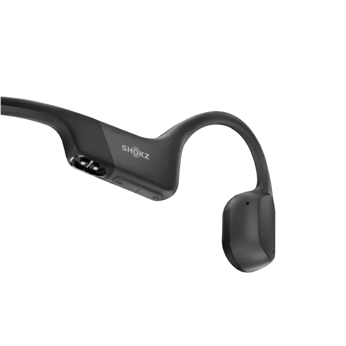 Black Shokz bone conduction headphones on a white background