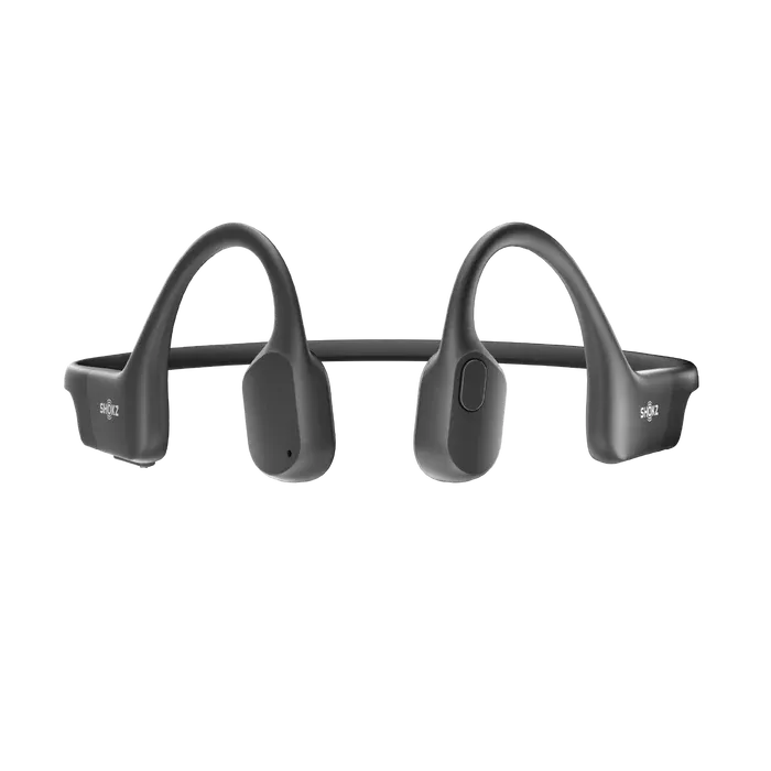 Black wireless earbuds on a white background