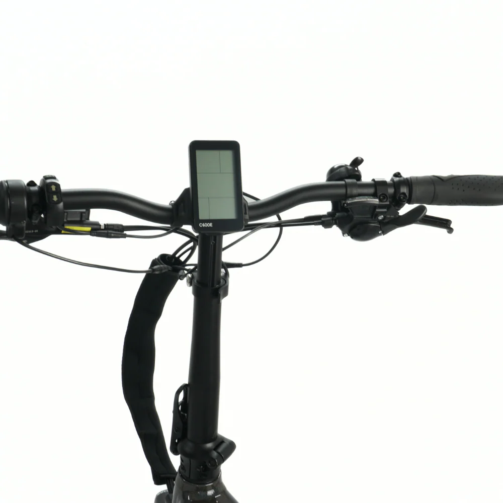 A close up of the computer display on a folding electric bike on a white background