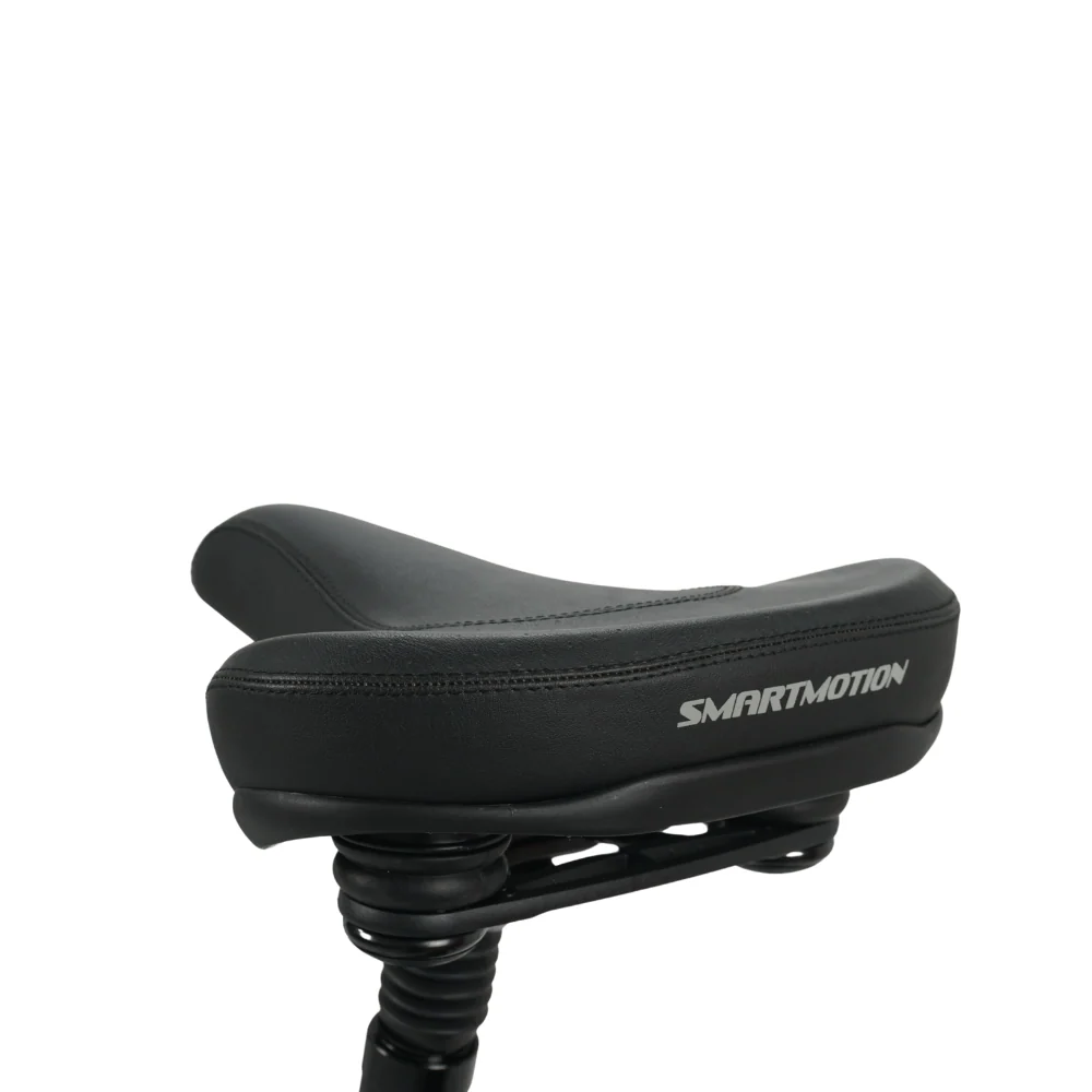 A close up of a Smart Motion bicycle saddle on a white background