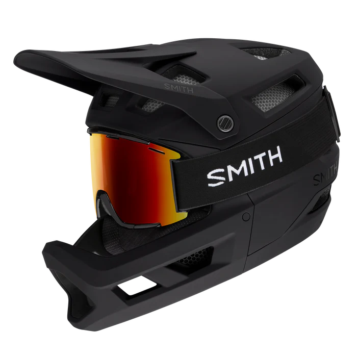 Black Smith full face mountain bike helmet with orange goggles on a white background