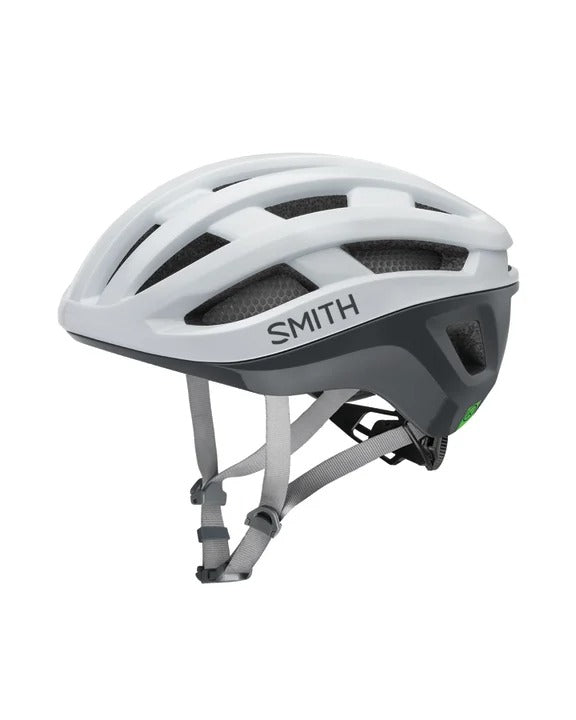 White and gray helmet with 'Smith' branding on a white background
