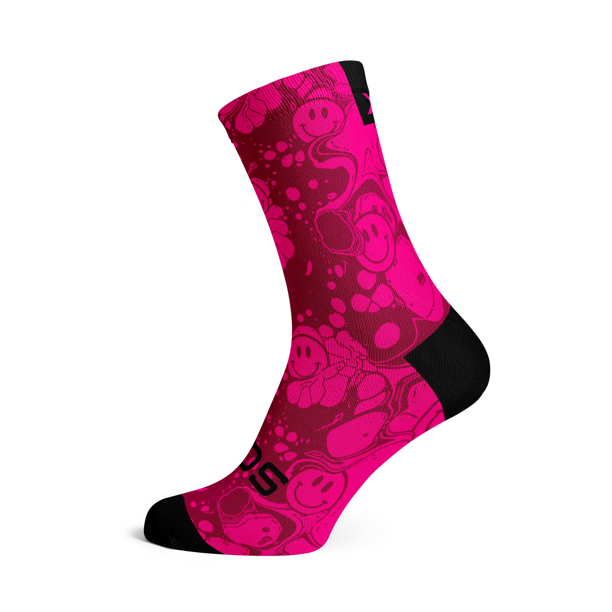 A bright pink sock with smiley face patterns and black accents on a white background