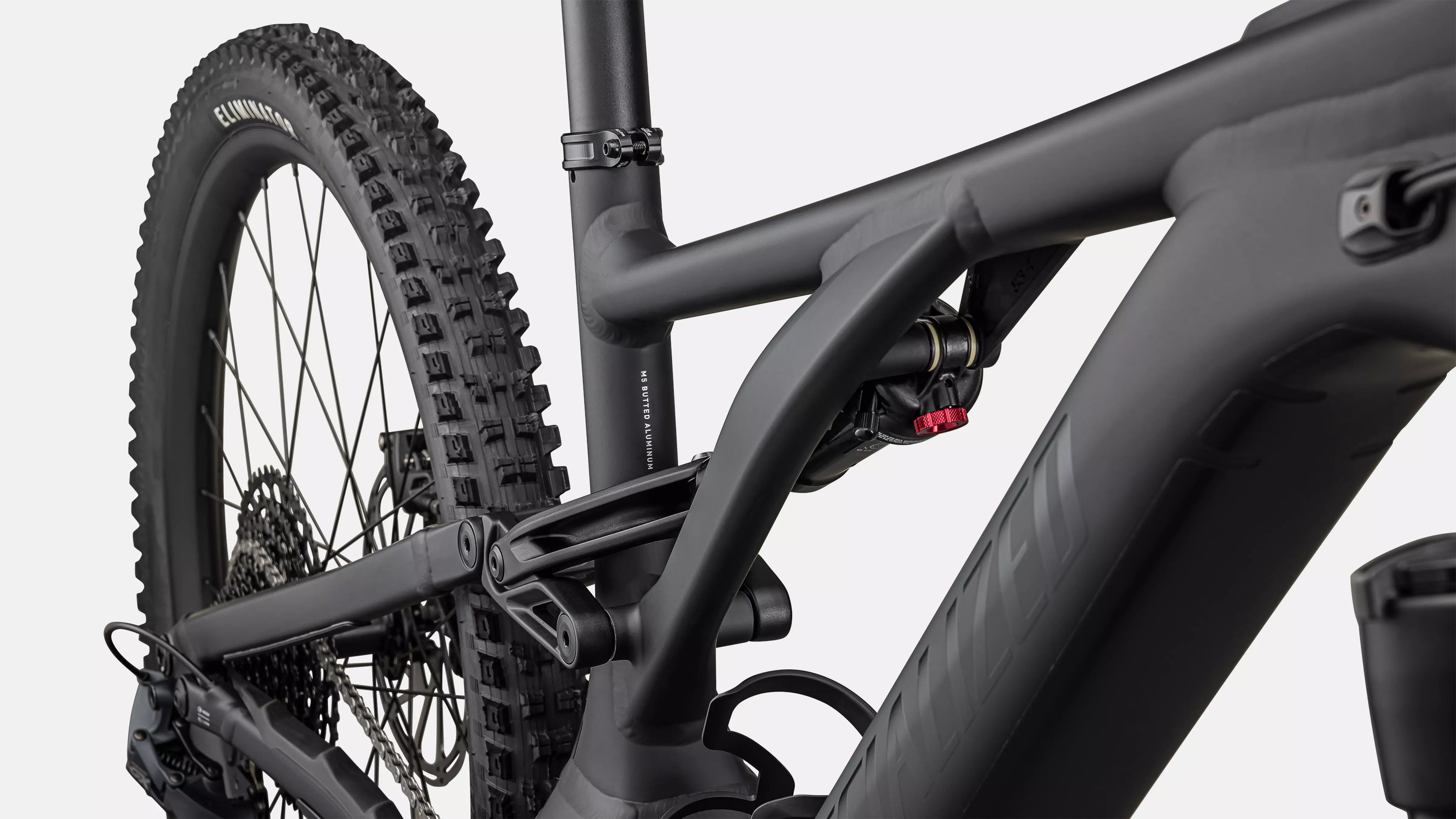 A close up picture of the rear shock on the Specialized Turbo Levo Alloy G3 E-Mountain Bike