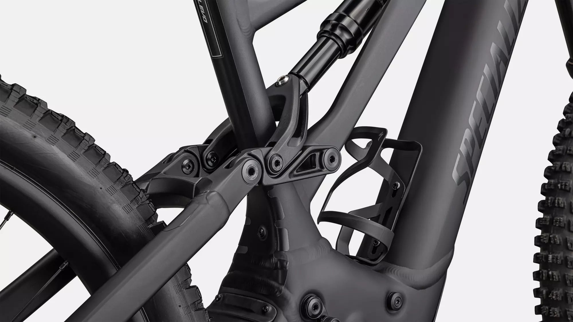 A close up picture of the bottle cage on the Specialized Turbo Levo Alloy G3 E-Mountain Bike