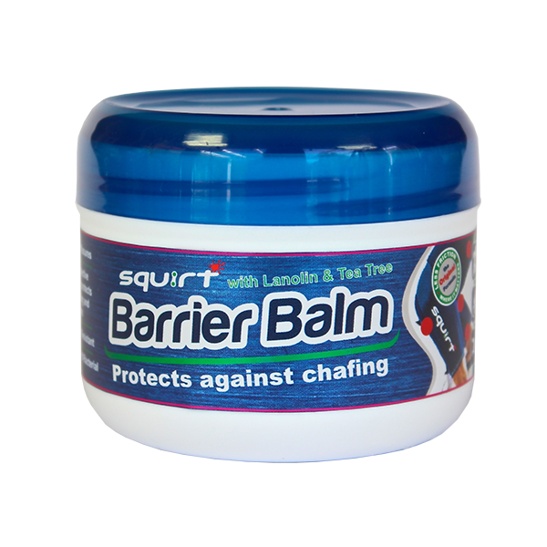 Jar of Squirt Barrier Balm with blue lid and label on a white background