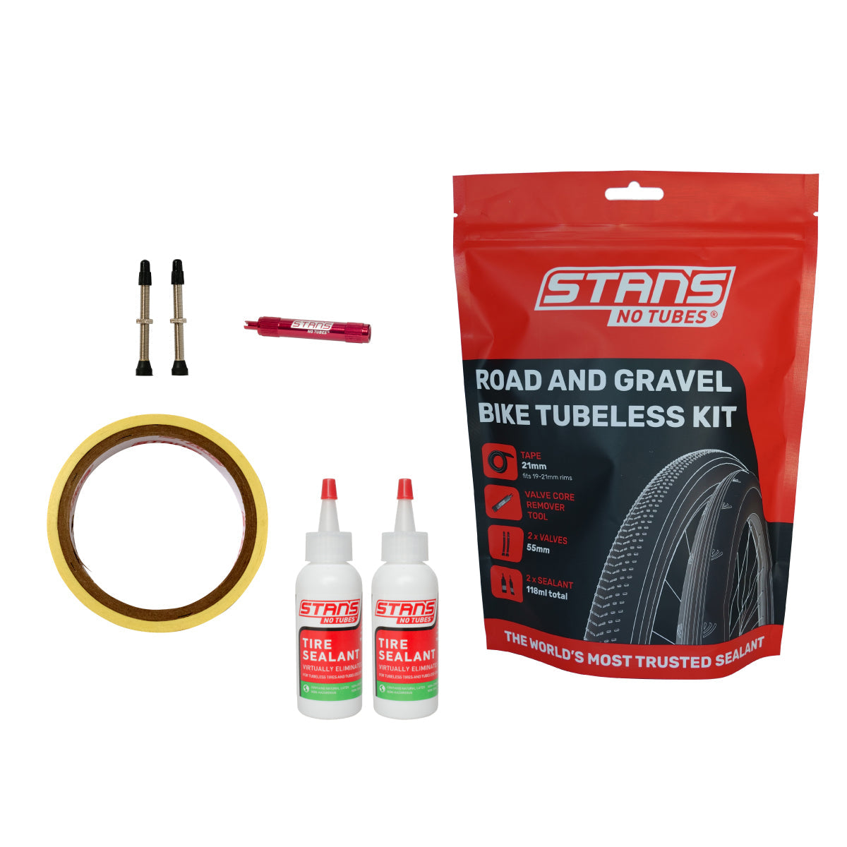 A picture of the Tubeless Kit for Road/Gravel 21mm Tape, 55ml Valve