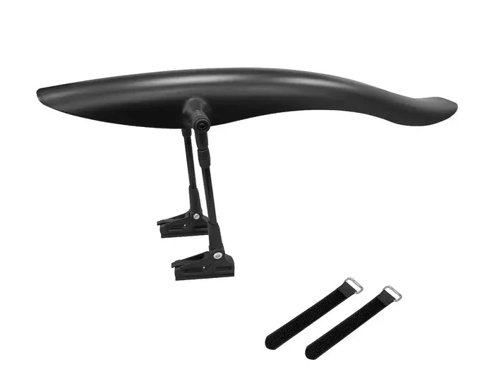 Black bicycle rear fender with mounting hardware on a white background
