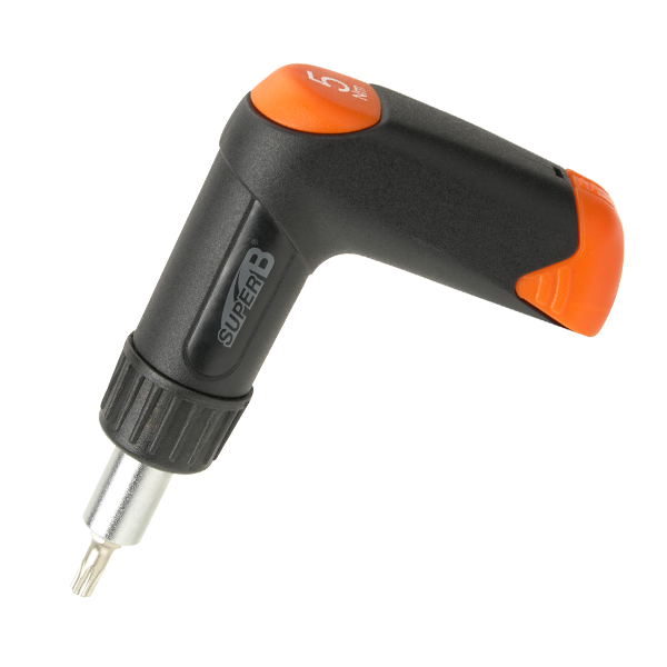 Black and orange torque wrench with interchangeable bit on a white background