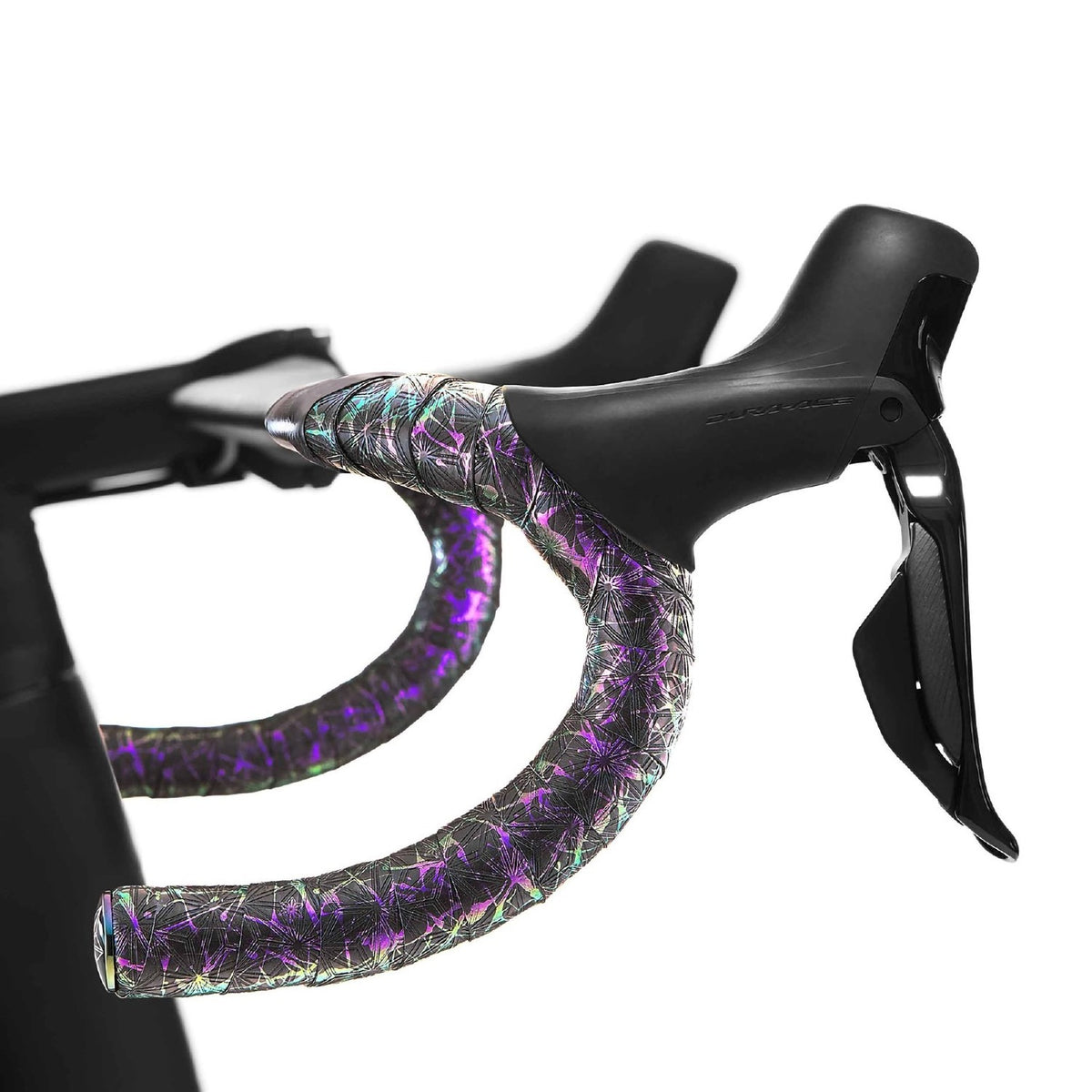 Black with splashes of green and purple bicycle bar tape on road bike handlebars on a white background