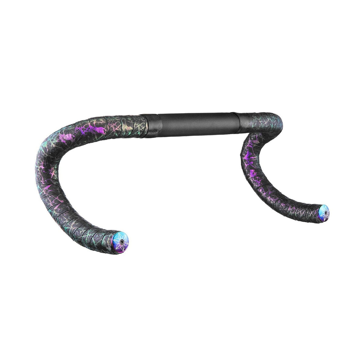 Black road bike bar tape with splashes of purple, pink, blue and green on a white background
