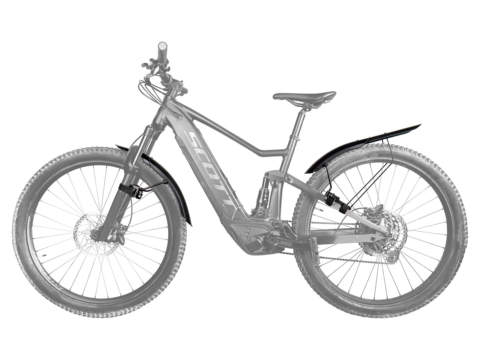 A picture of the Topeak Tetrafender M1 / M2 Set MTB Fork/Stay Mount Mudguards mounted onto a mountain bike