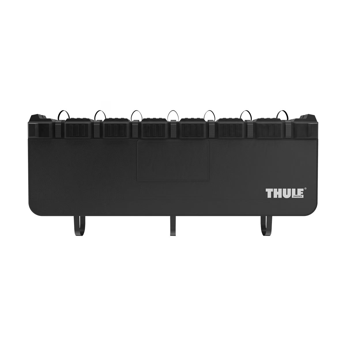 A black Thule truck bed bike rack with multiple handle attachments on top, shown from the front against a plain white background.