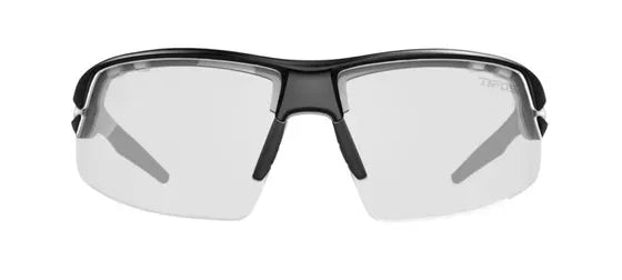 Sunglasses with clear lens and black frame on a white background