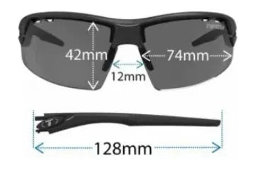 Showing dimensions of a black pair of sunglasses on a white background