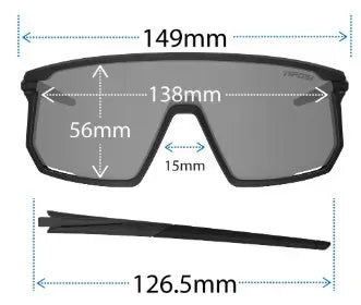 Showing dimensions of black sunglasses on a white background