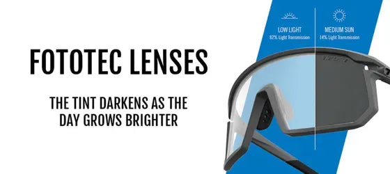 A banner showing sunglasses with Fototec lenses and showing the dark to light lens transition