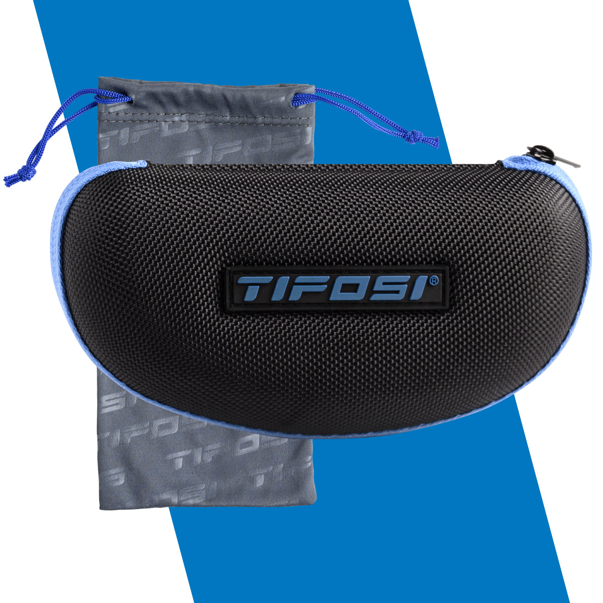 Black sunglasses case with blue interior and Tifosi logo on a blue background