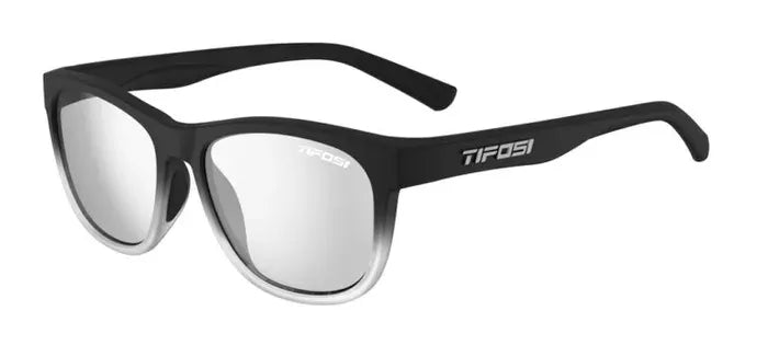 Black sunglasses with silver gradient lenses on a white background