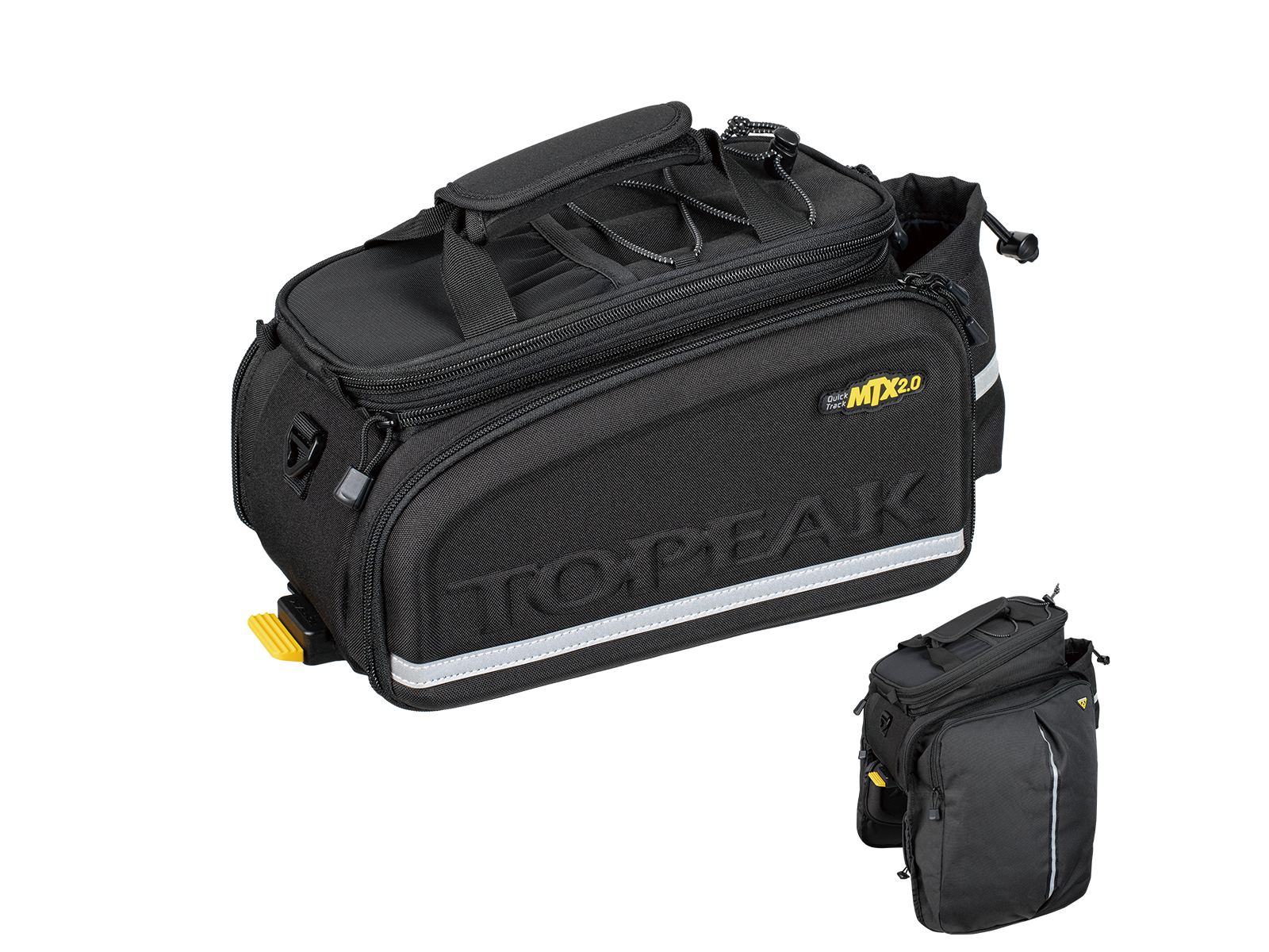 Topeak bicycle pannier bag, showing the expandable side pockets on a white background