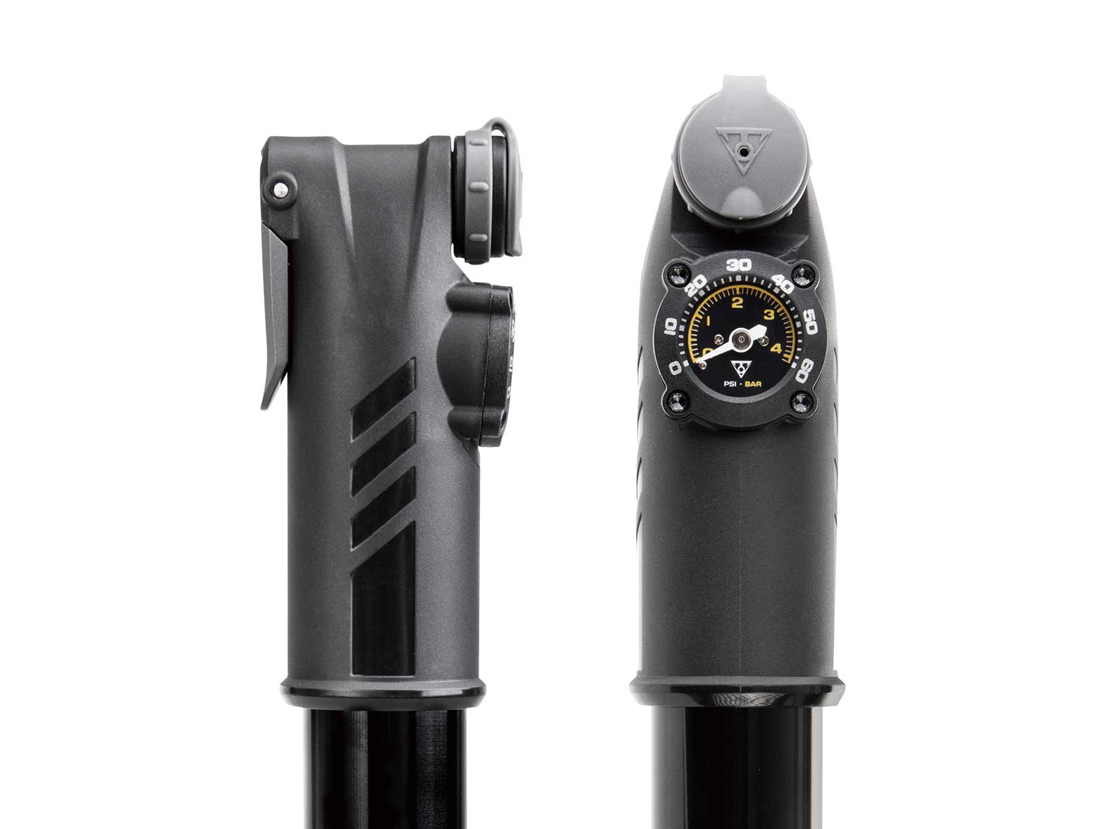 A picture of a front and side view of the Topeak Mountain Twin Turbo hand pump