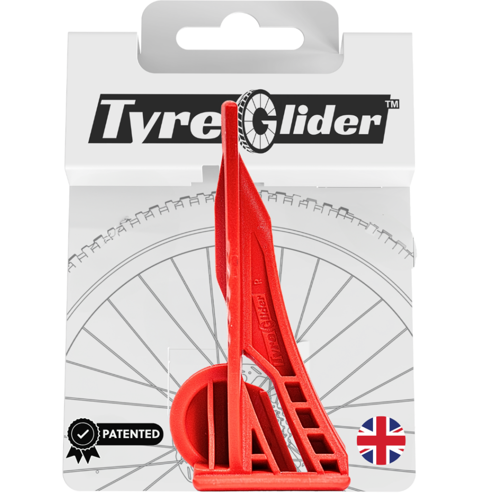 Red Tyre Glider tool in packaging with branding and patent badge.
