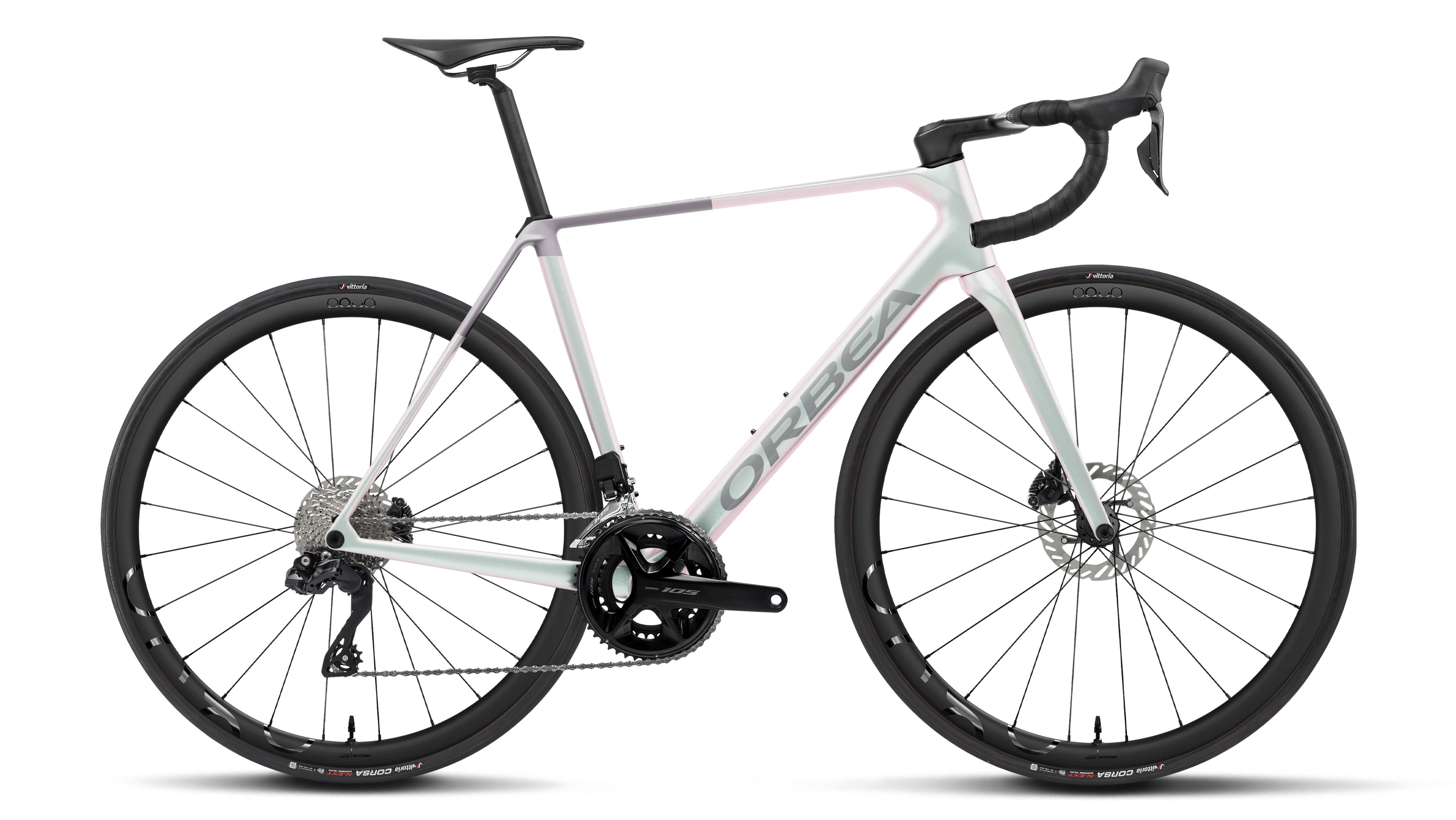 Pearl Irredescent Orbea Road bicycle with black components on a transparent background