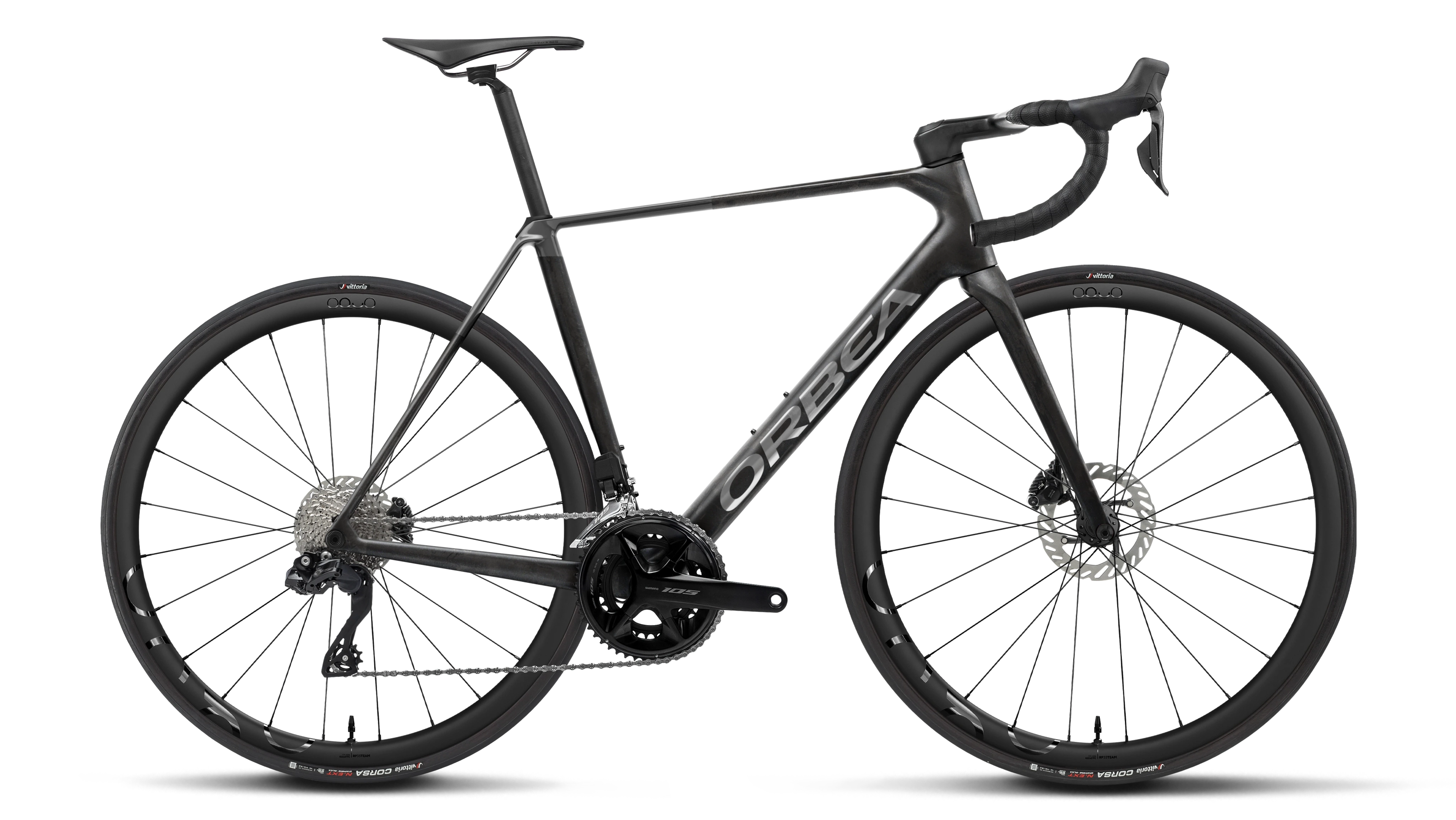 Black road bicycle with 'Orbeal' branding on a transparent background