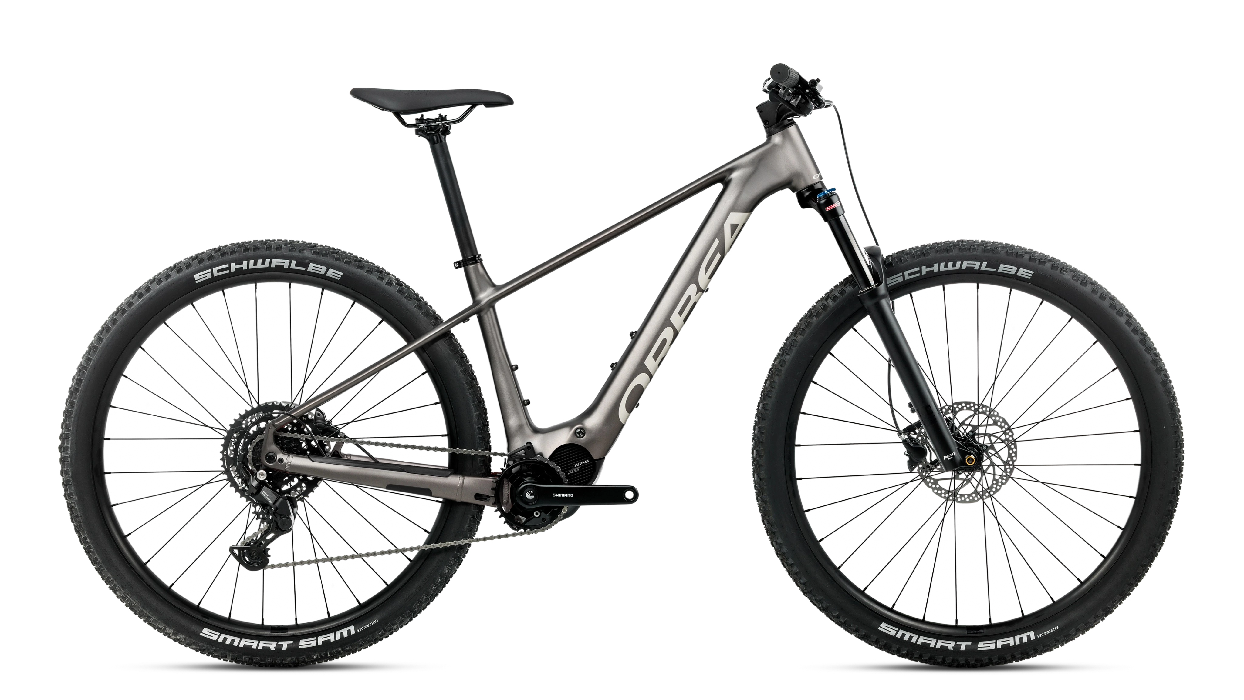 A matte dark gray/charcoal hardtail mountain bike with black components, Schwalbe tyres, and a visible 'ORBEA' brand name on the frame, shown against a solid white background.