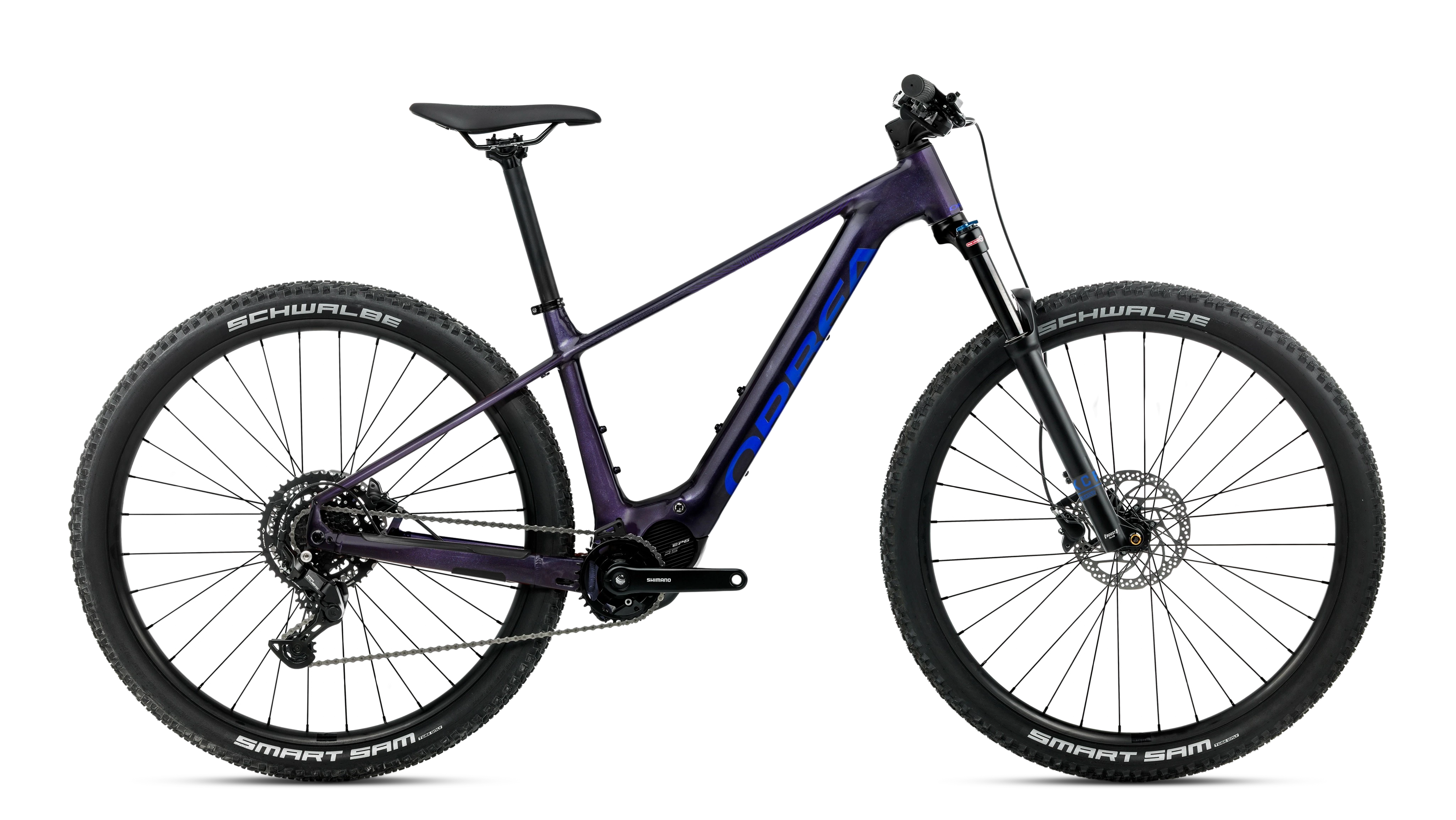 A purple hardtail electric mountain bike with a battery integrated into the frame, shown from a side profile on a white background with the brand name 'Orbea' in blue on the frame. The bike features Schwalbe tyres and a visible front suspension fork.