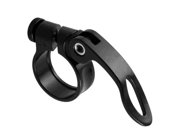 A black quick release bicycle seat post clamp on a white background