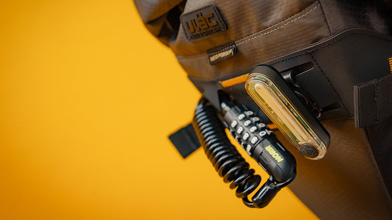 A close up picture of the back of the Ulac Radtail GT Pro Saddle Bag 8.8 Litres with light and lock attached to back