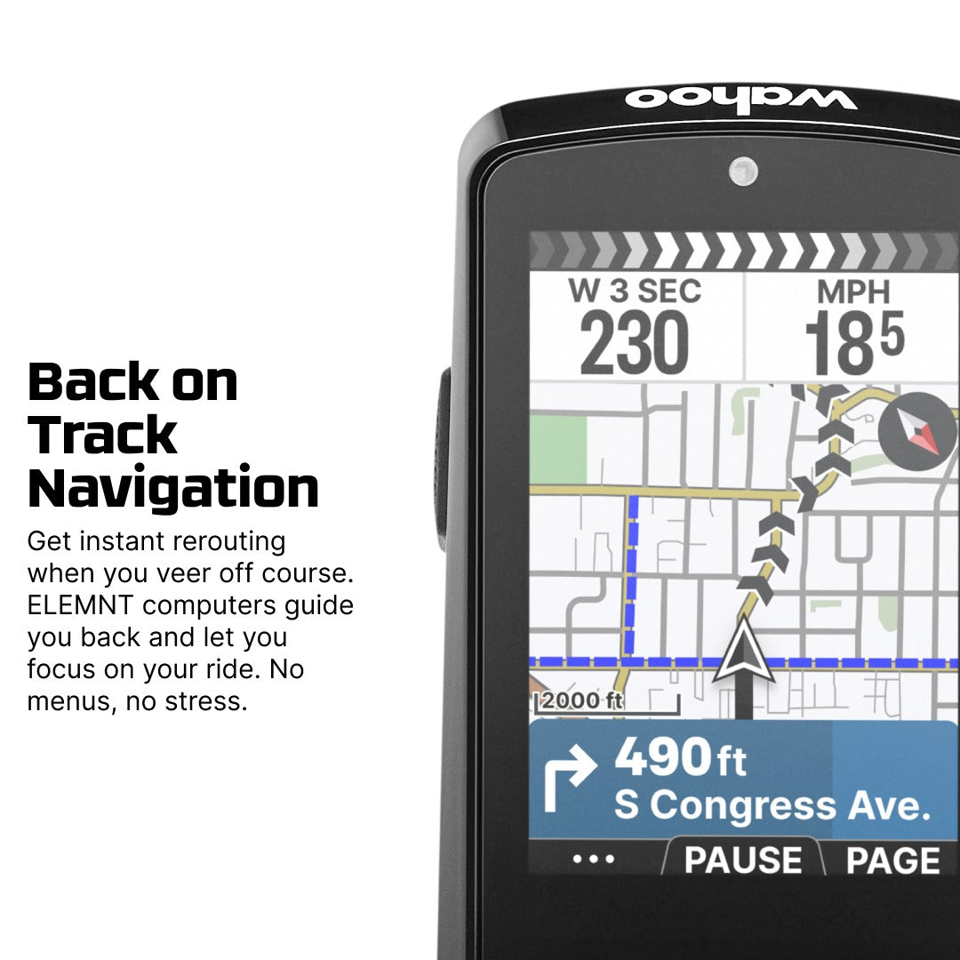 Wahoo Elemnt cycling computer with navigation display on a white background
