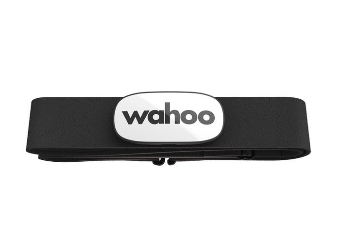 Black fitness tracker belt with 'wahoo' logo on a white background