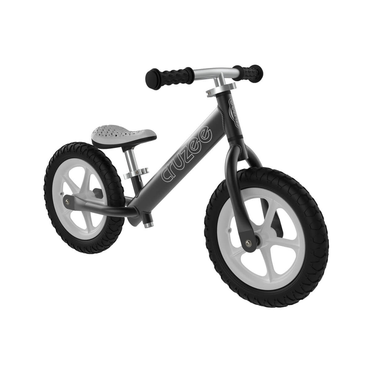 Black Cruzee Ultralite Balance Bike on a white background