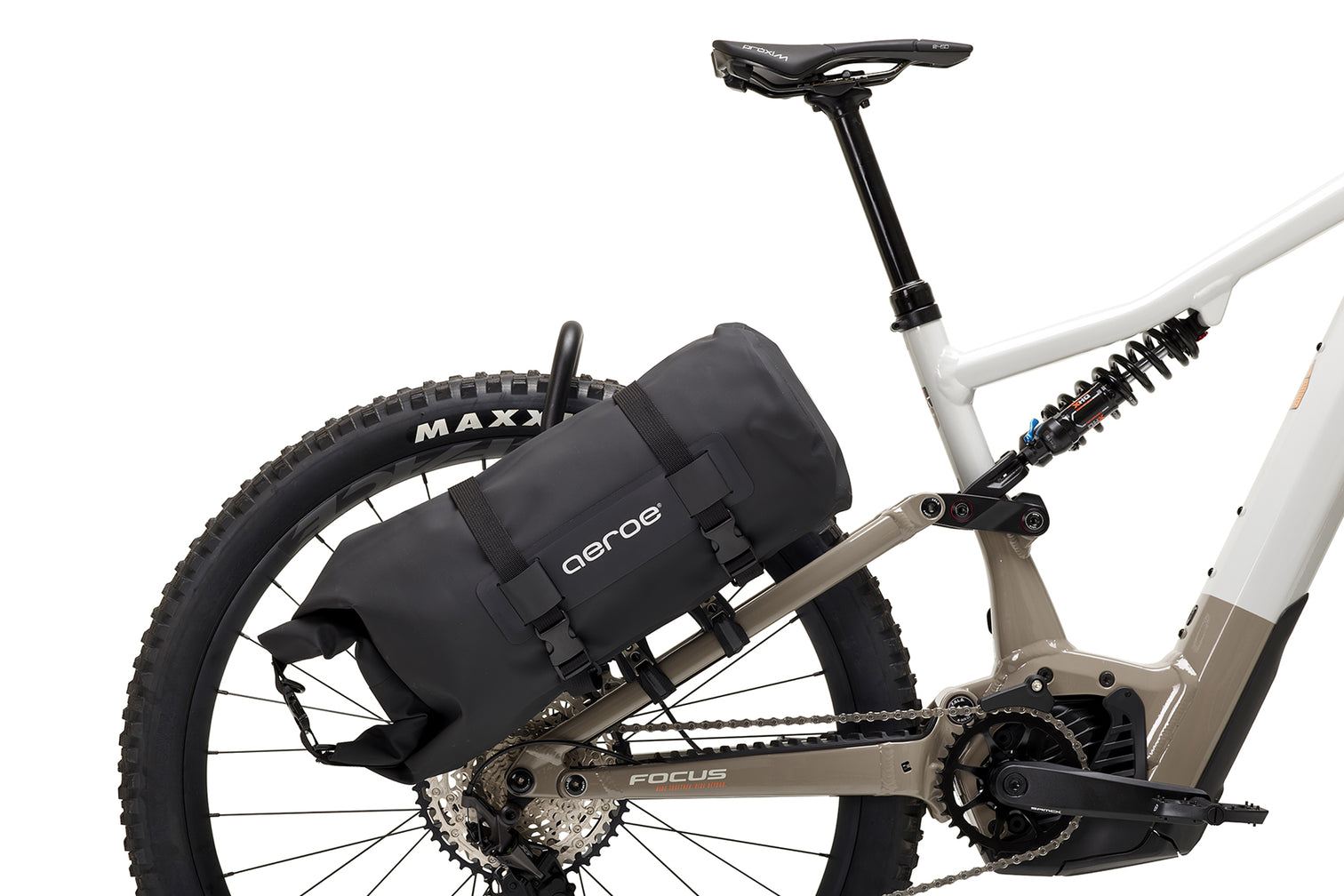 A picture of the Aeroe 12 Litre Dry Bicycle Bag attached to the seatstay of a dual suspension mountain bike