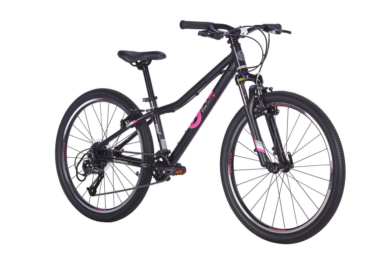 BYK black and pink kids mountain bike on a white background