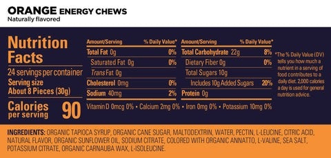 A picture of the nutritional information for the orange Gu Energy Chews 60g