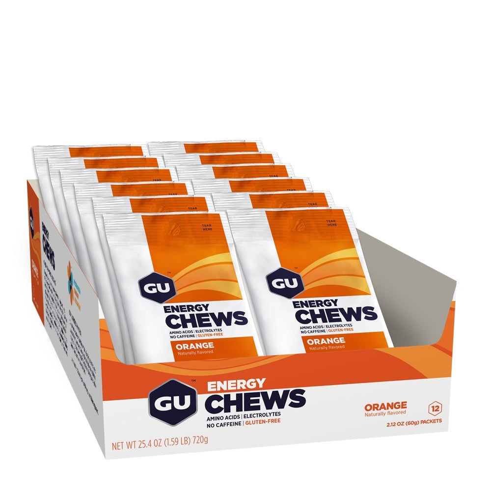 A picture of a box of the orange Gu Energy Chews 60g