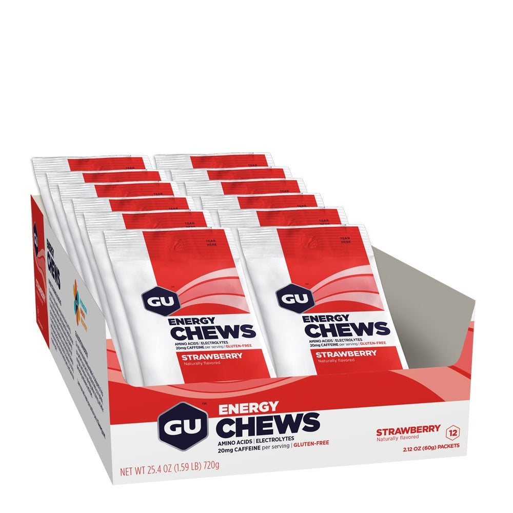 A picture of a box of the strawberry Gu Energy Chews 60g