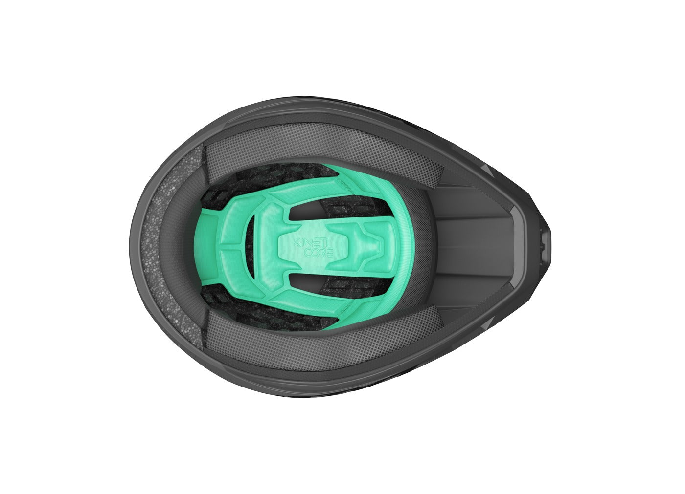 Black bicycle helmet with a green interior on a white background