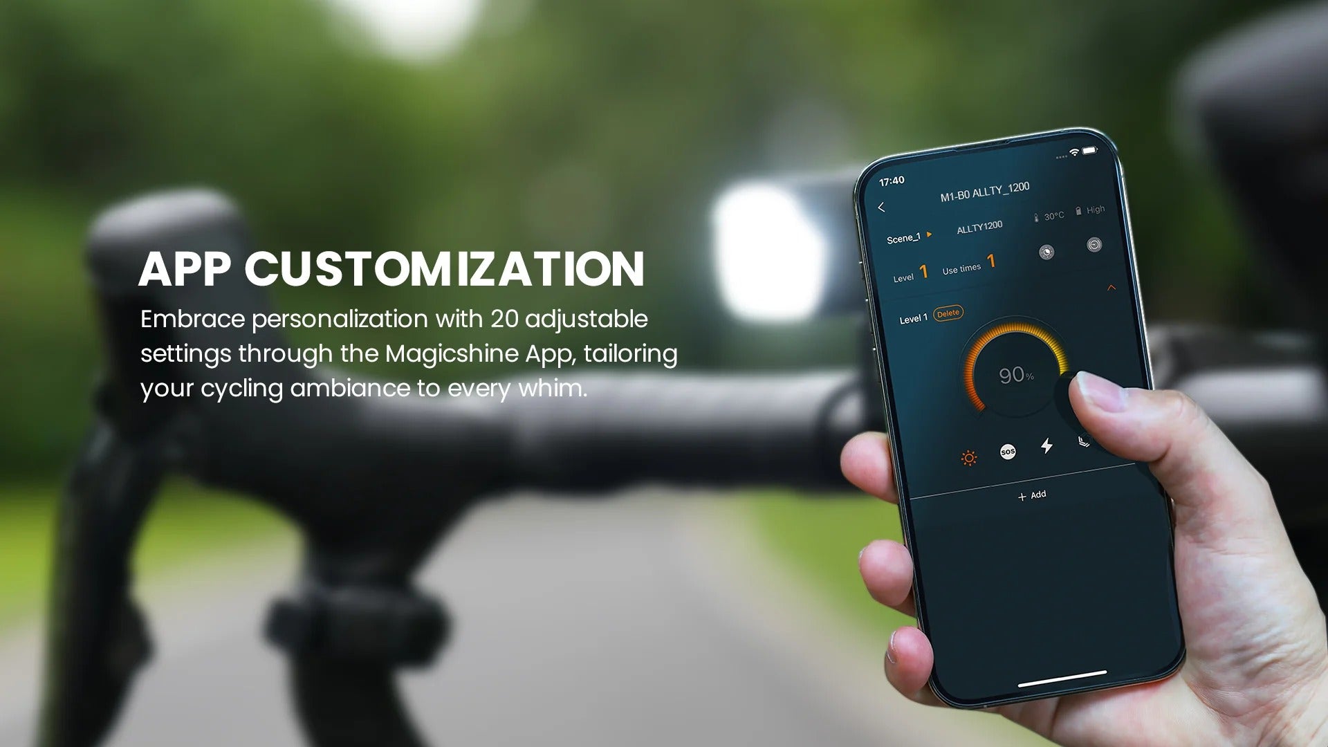 Hand holding a smartphone with app customization interface with a road bike handlebar in the background which is blurred