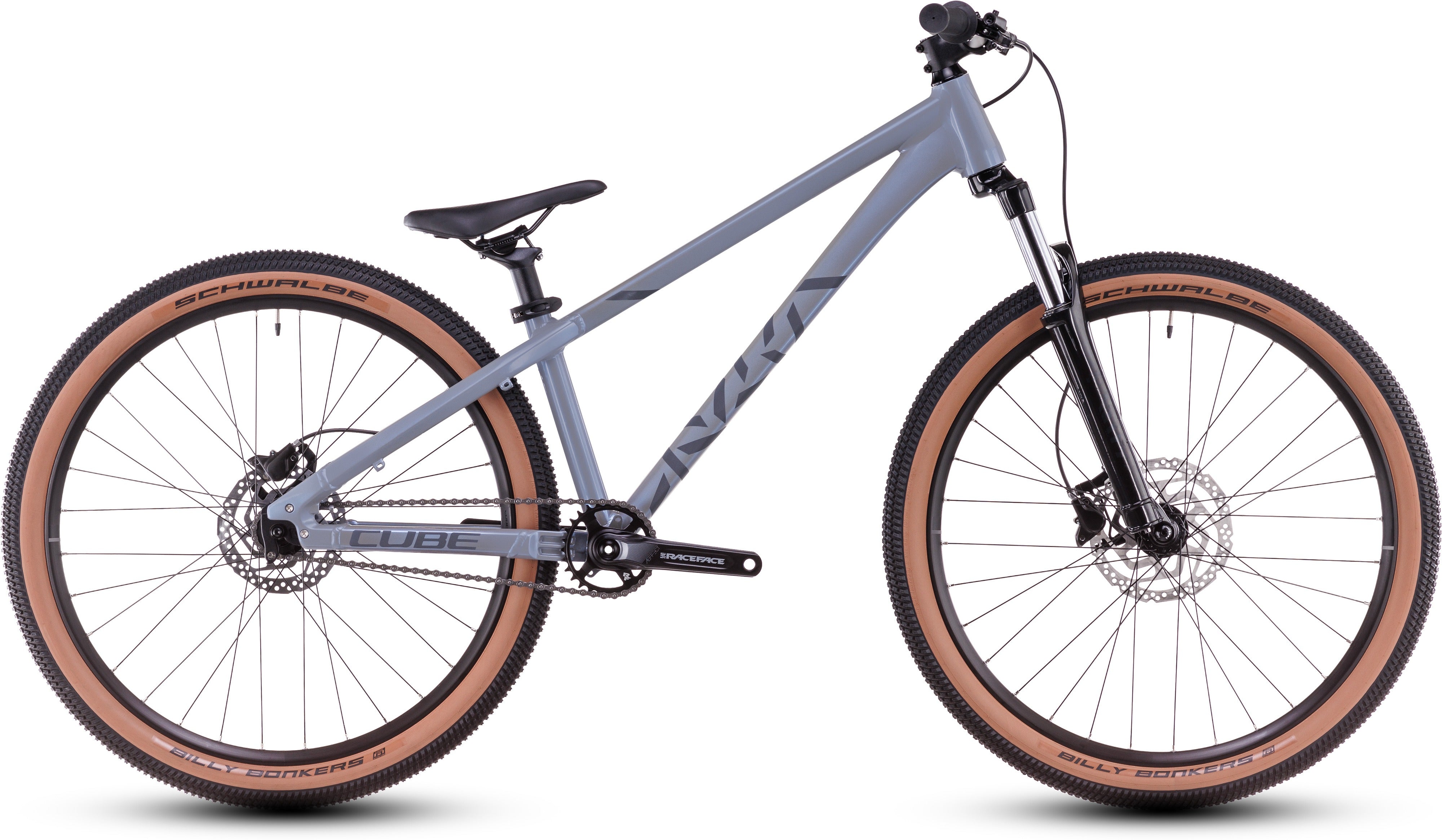 Gray dirt jump bicycle with brown tires on a white background