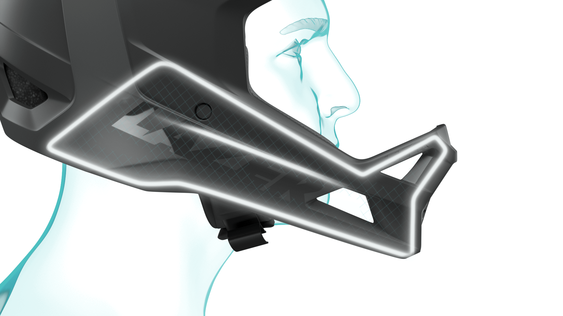 Close up of chinguard of the Lazer Chase Full Face Helmet on a diagram of a head on a white background