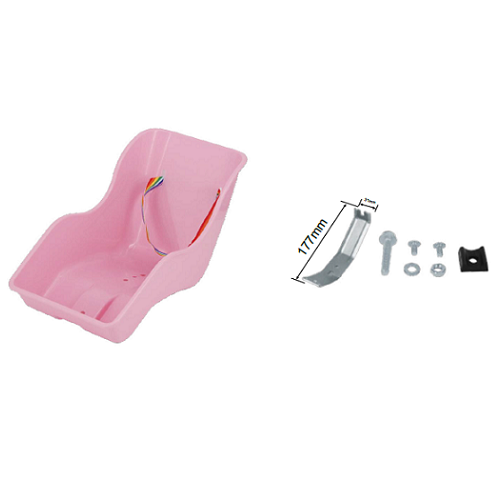 Pink doll seat for bicycle with hardware components on a white background