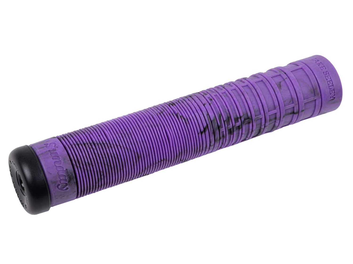 Purple bicycle handlebar grip with black end cap on a white background
