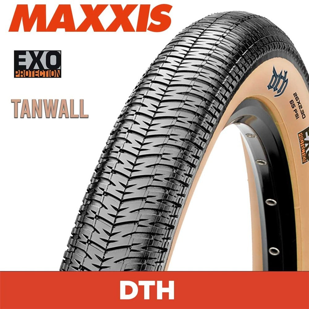 Maxxis bicycle tire with Exo protection and Tanwall tread pattern on a white background