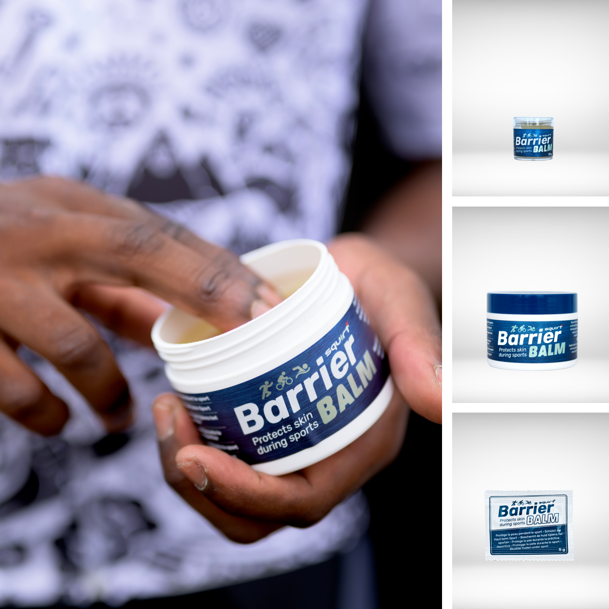 Person holding a jar of Barrier Balm with close-up shots on a white background.