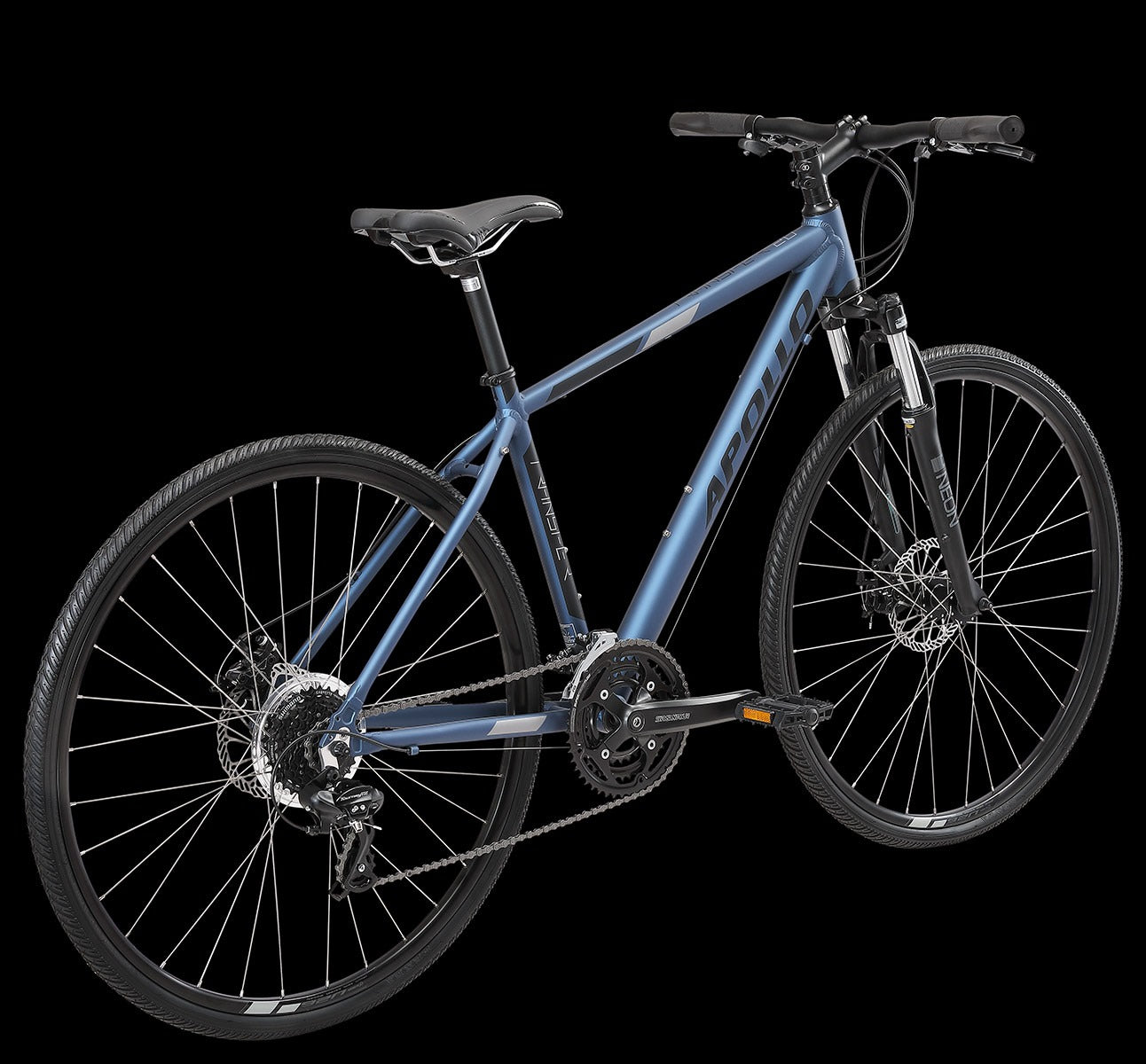 Blue Apollo Hybrid Bikeon a black background