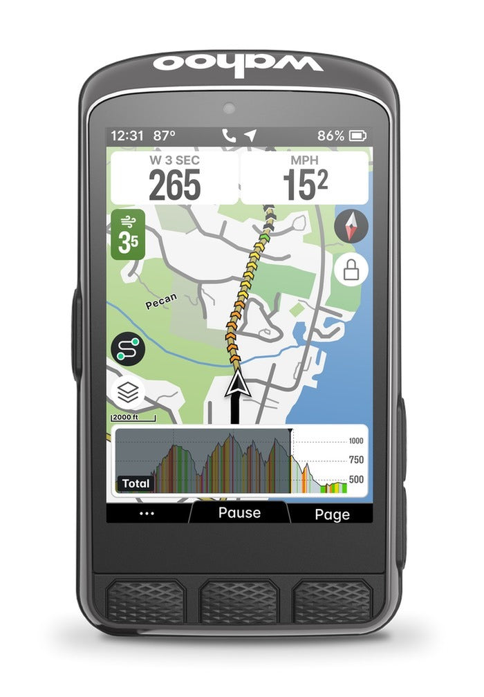 Wahoo Cycling Computer GPS device with map and statistics on a white background